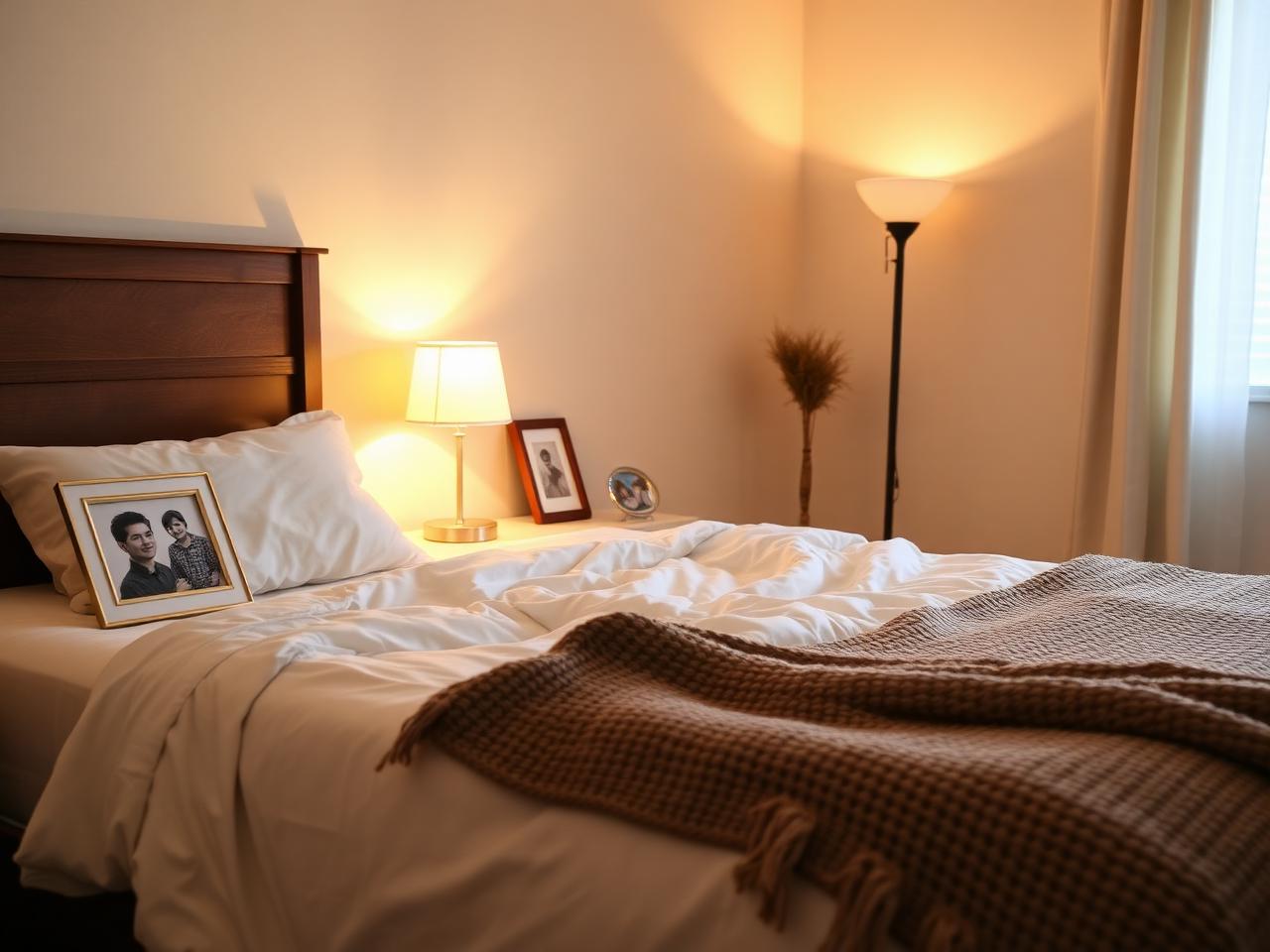A warmly lit bedroom freshly set up in a new senior apartment